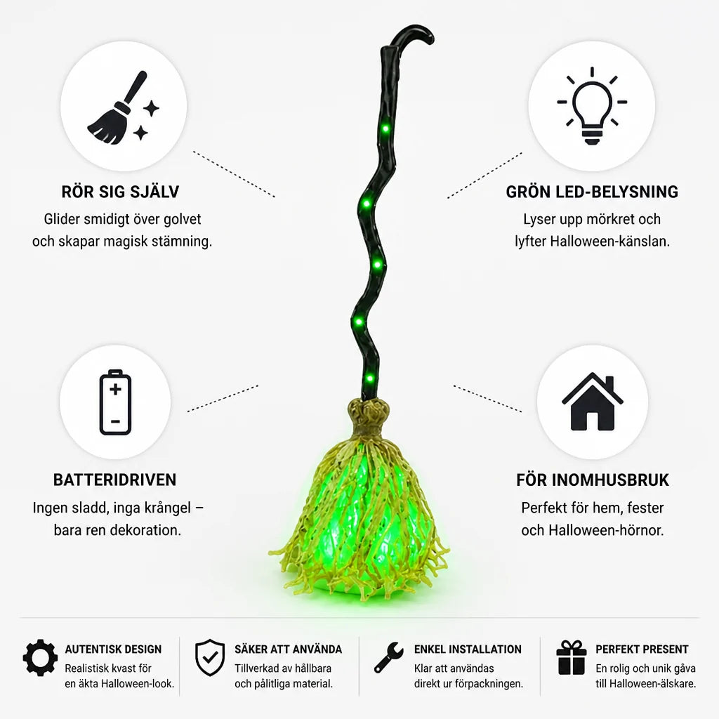 Motorized Green LED Witch Broom Decoration