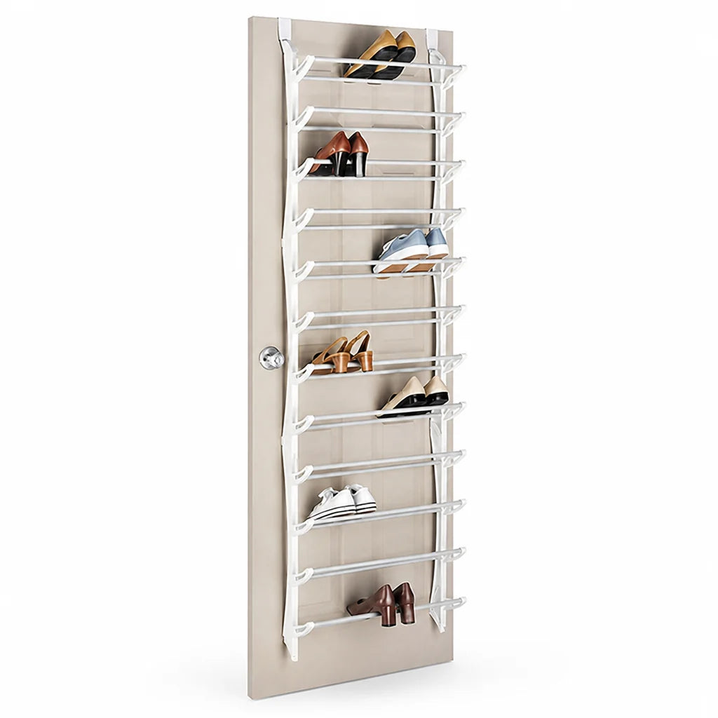 Space-saving, tool-free metal shoe rack for hanging on the door