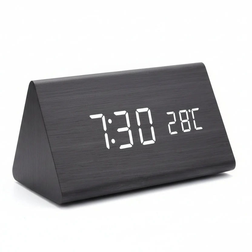 LED Alarm Clock Wood Look with 3 Alarms & Temperature