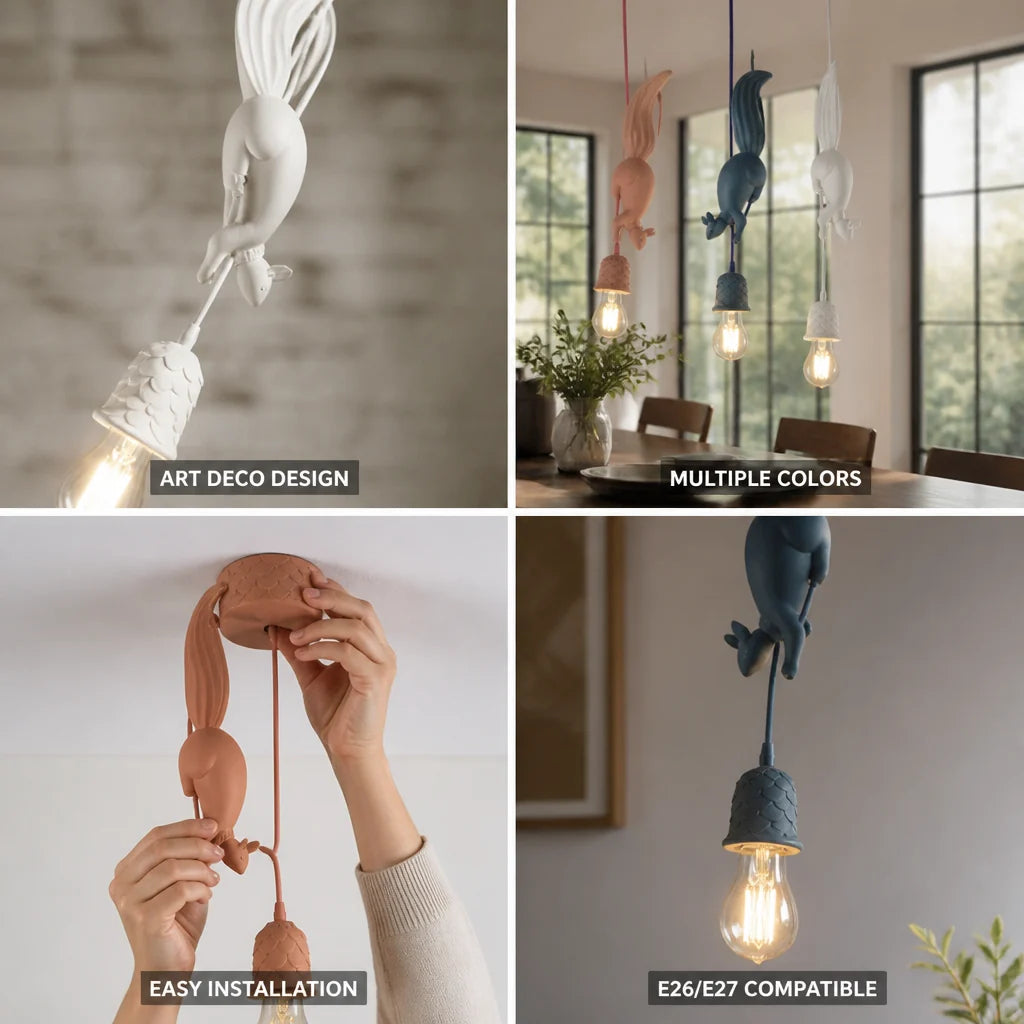 Art Deco Squirrel and Pinecone Pendant Light (114 cm Suspension)