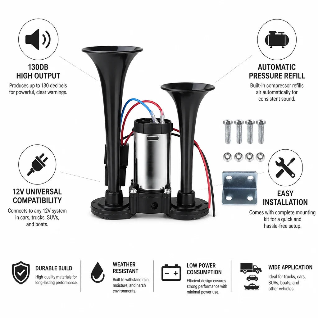 130dB Dual-Tone Air Horn with Compressor (12V)