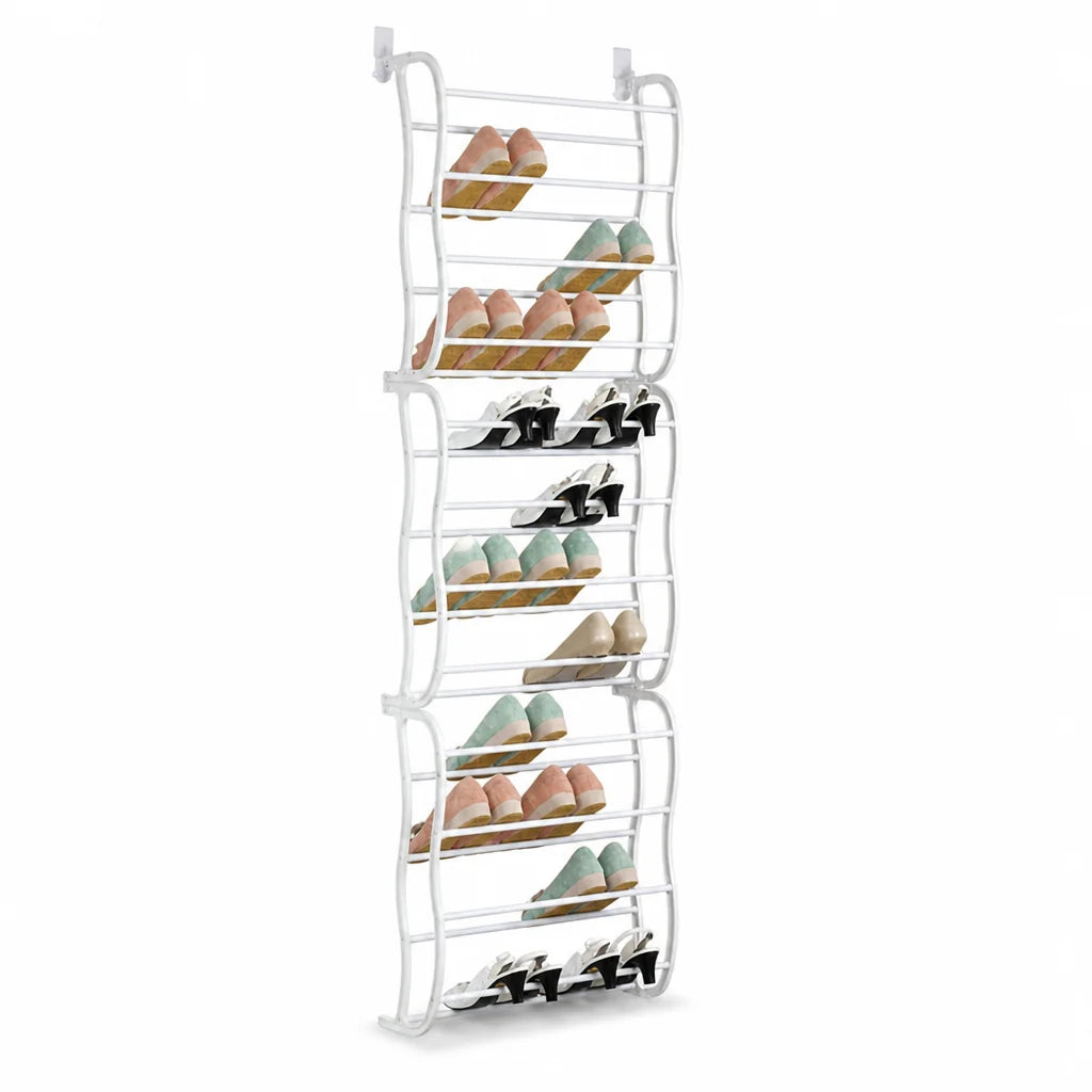 Space-saving, tool-free metal shoe rack for hanging on the door