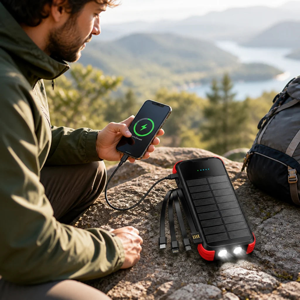 Solar-Powered High-Capacity Power Bank (Integrated Multi Charging Cables & Jump Starter)