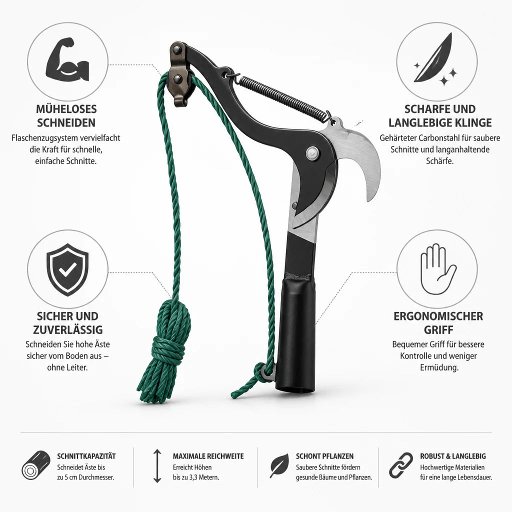 Cable-assisted, hardened carbon steel telescopic scissors (3.3 m reach)