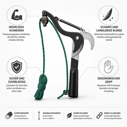 Cable-assisted, hardened carbon steel telescopic scissors (3.3 m reach)