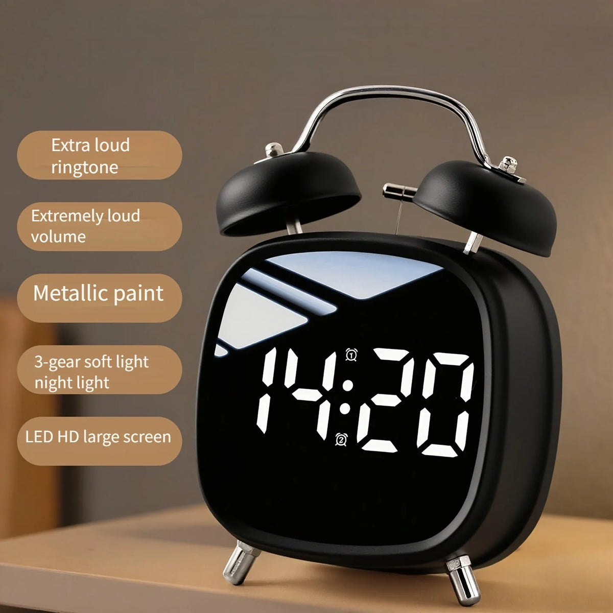 Digital alarm clock with classic twin bell
