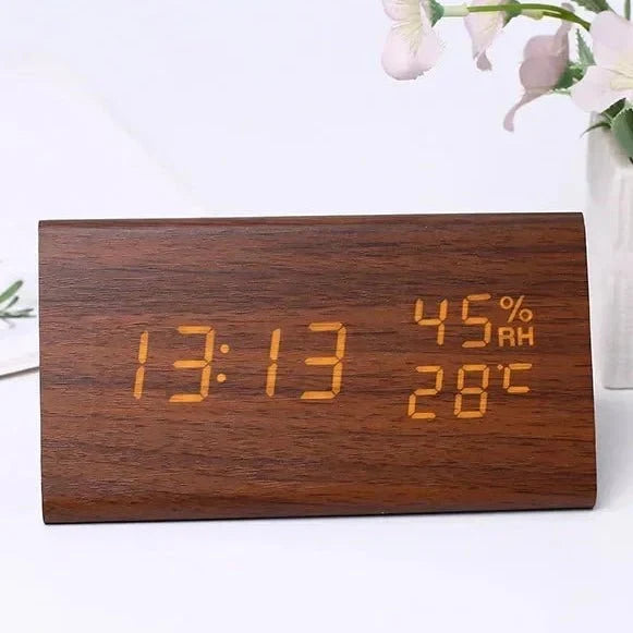 LED Alarm Clock Wood Look with 3 Alarms & Temperature