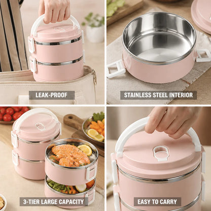 Stainless Steel Interior & Leak-Proof 3-Layer Lunch Box