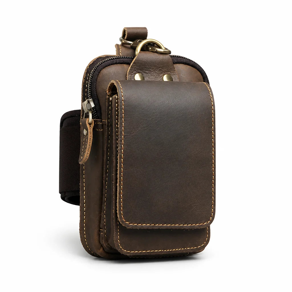 Full-grain cowhide leather belly bag with magnetic flap and zipper