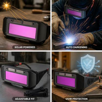 Automatically darkening, solar-powered, adjustable welding goggles