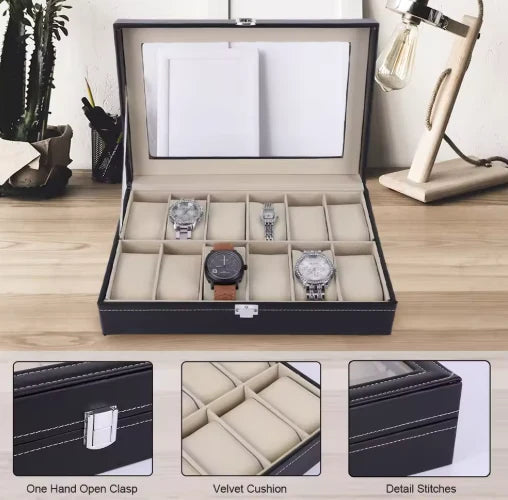 Watch Box 12 Compartments with Glass Lid – Black