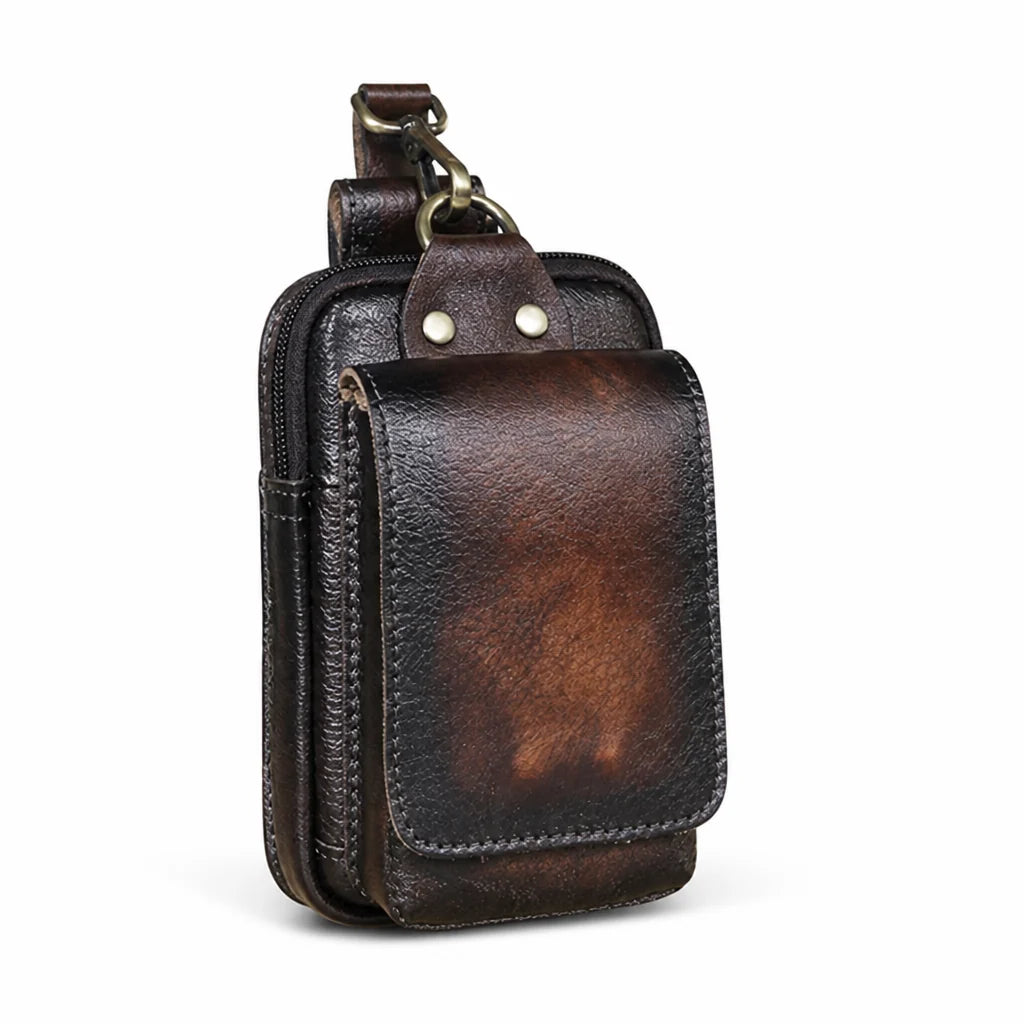 Full-grain cowhide leather belly bag with magnetic flap and zipper