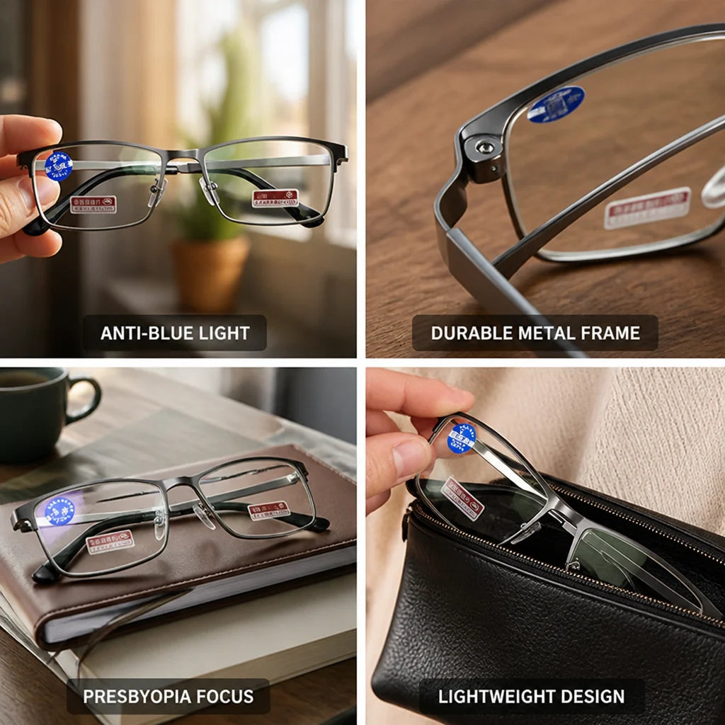 Anti-Blue Light Metal Half-Rim Reading Glasses (Available +1.0–+4.0)