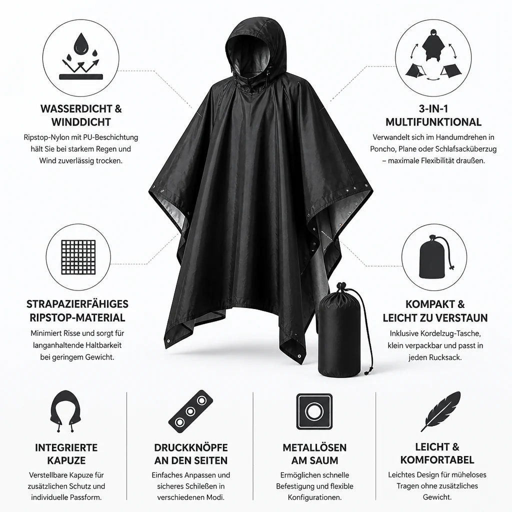 3-in-1 Waterproof Ripstop Rain Poncho