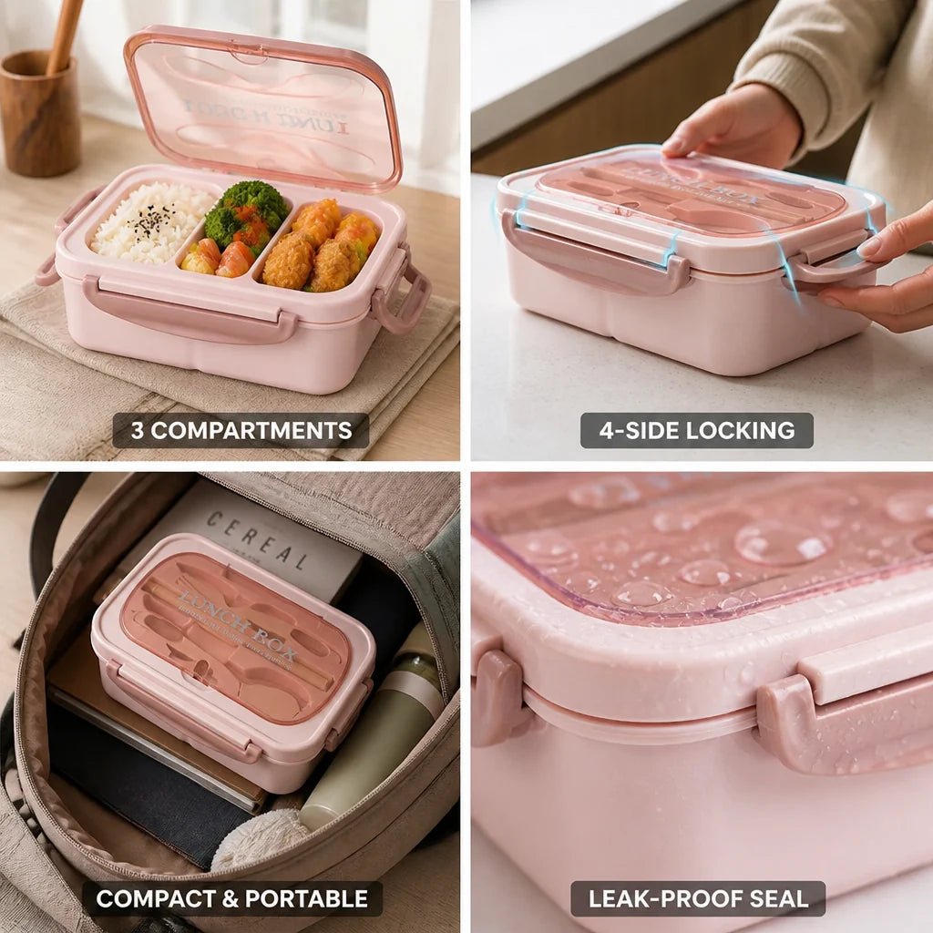 Three-Compartment Leak-Proof Bento Box (1200ml)
