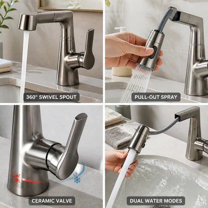 Extendable 360° Rotatable Single-Hole Faucet with Ceramic Valve