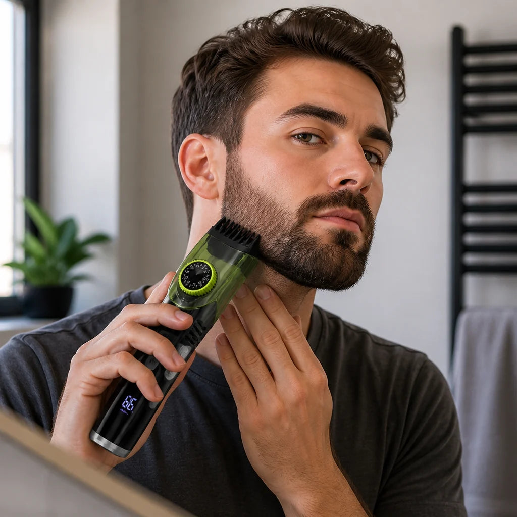 Integrated Vacuum USB-C Rechargeable Beard Trimmer (Adjustable Rotary Knob & 2 Combs)