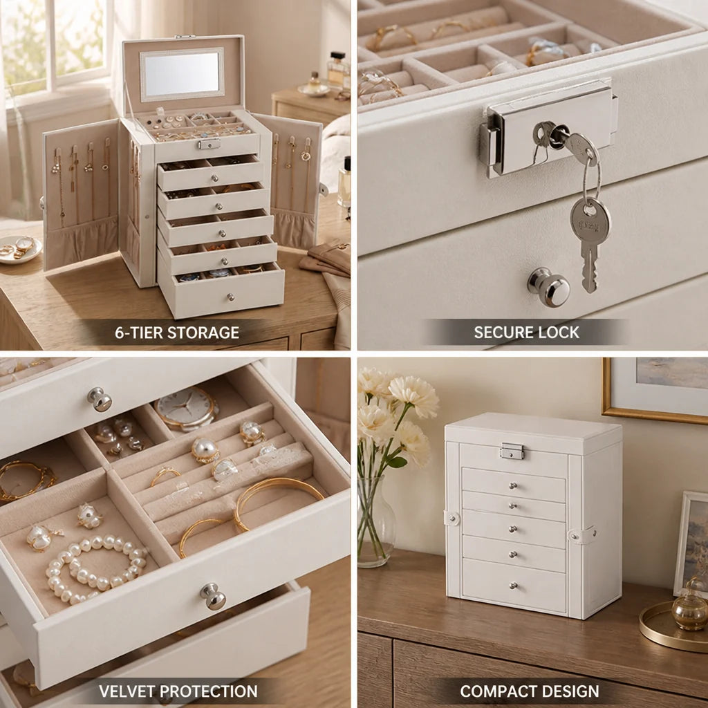 Six-tier jewelry organizer with velvet lining (Built-in mirror & lock)