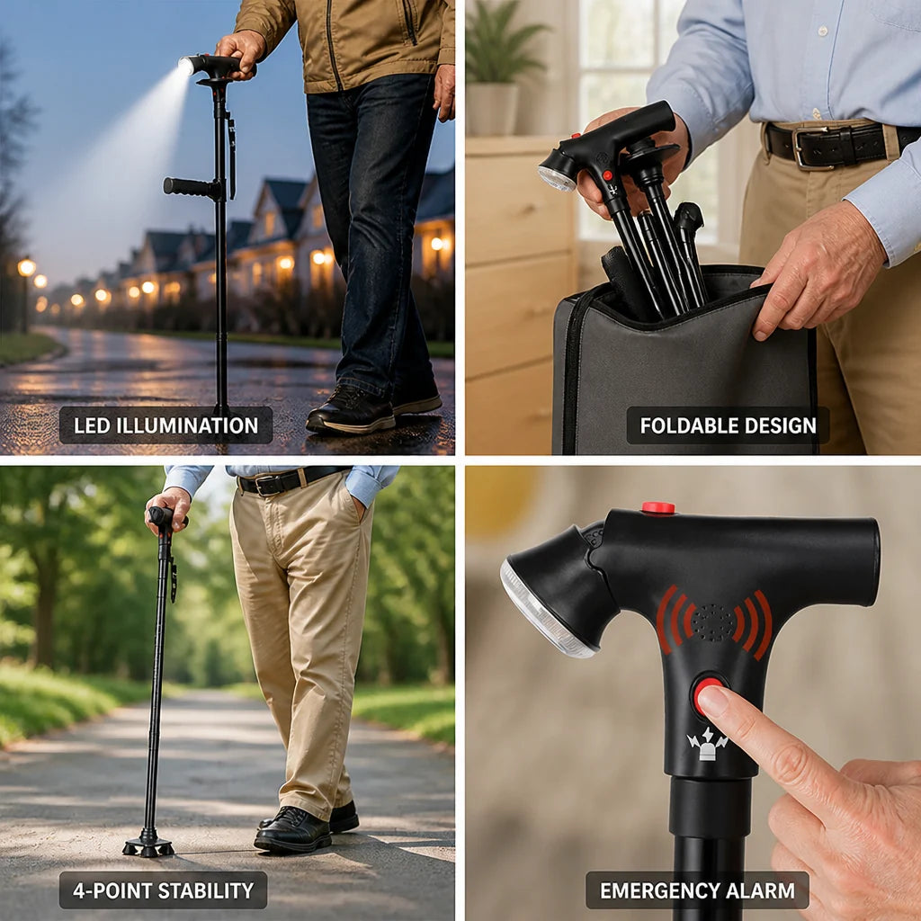 Lightweight Aluminum 4-Point Folding Cane (LED & Alarm)