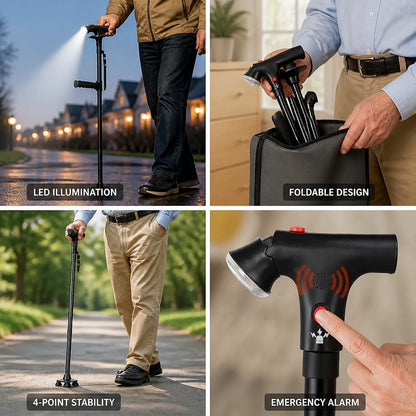 Lightweight Aluminum 4-Point Folding Cane (LED & Alarm)