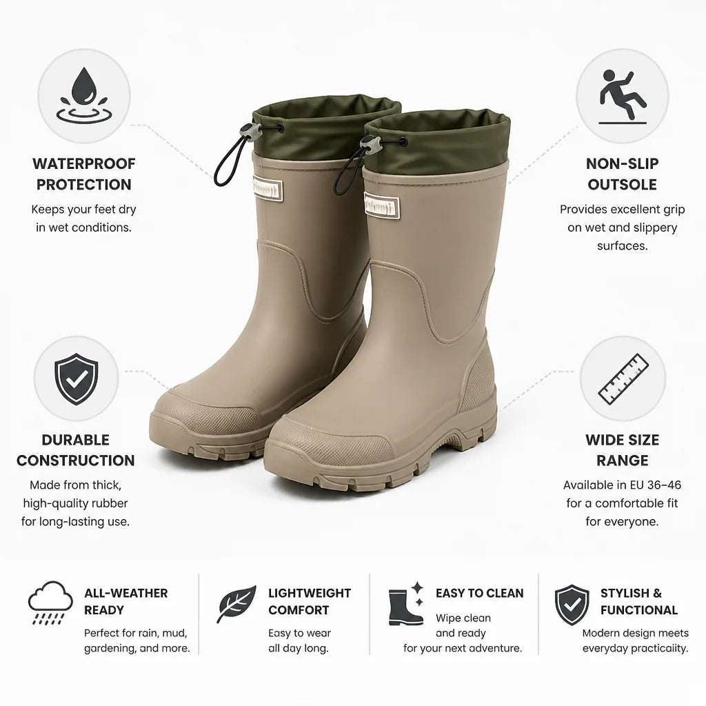 Waterproof Non-Slip Rubber Rain Boots for Women, Mid-Height