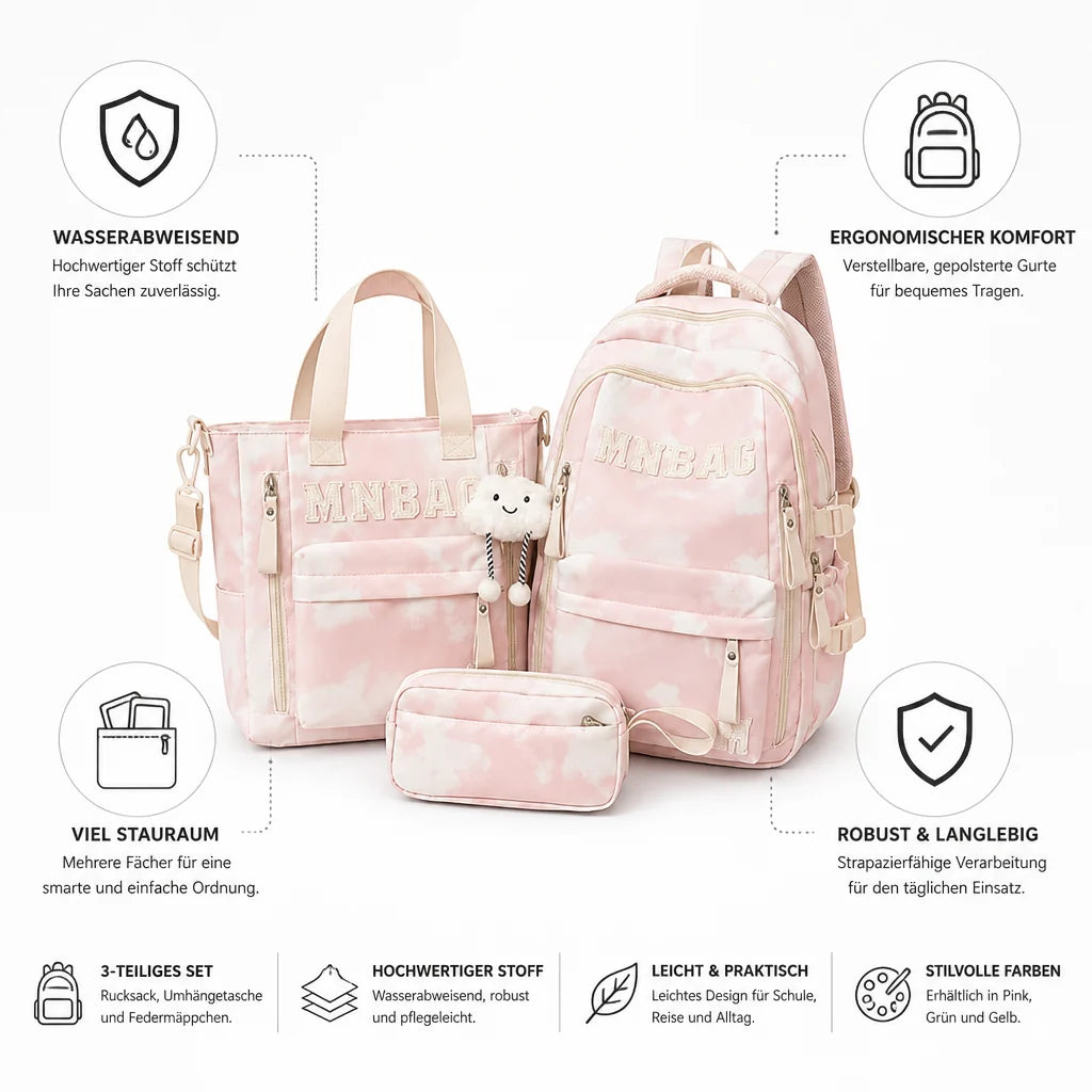 Water-Resistant Padded Strap Travel Backpack Set (3-Piece)
