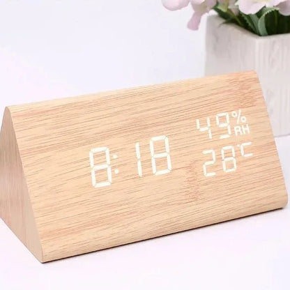 LED Alarm Clock Wood Look with 3 Alarms & Temperature