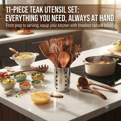 Teak Kitchen Utensil Set 11-Piece with Holder