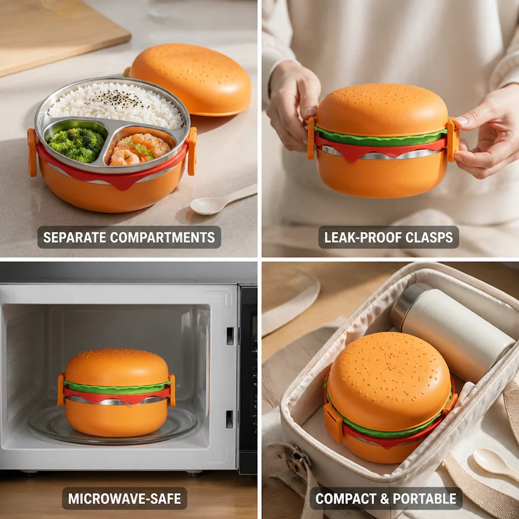 Microwave-safe stacked hamburger lunchbox (with cutlery)
