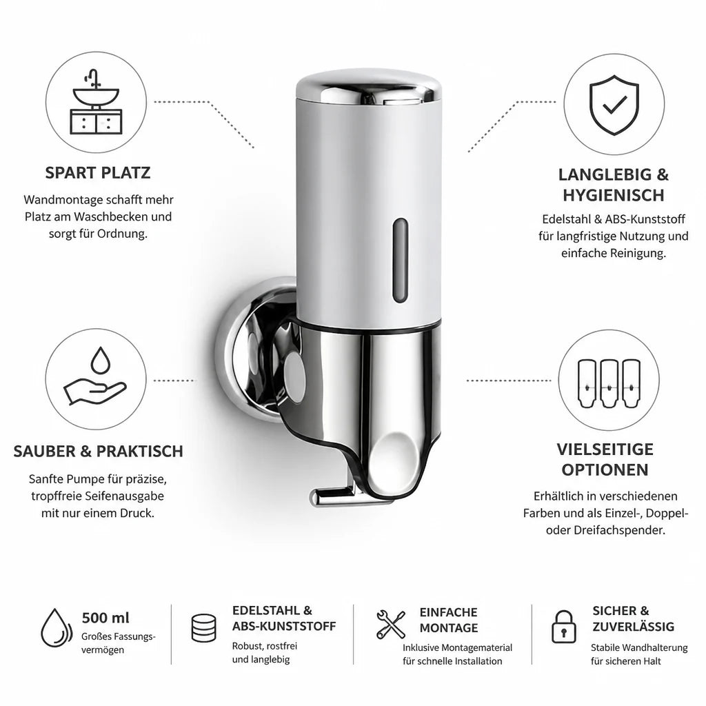 Space-saving stainless steel wall-mounted soap dispenser (500ml)
