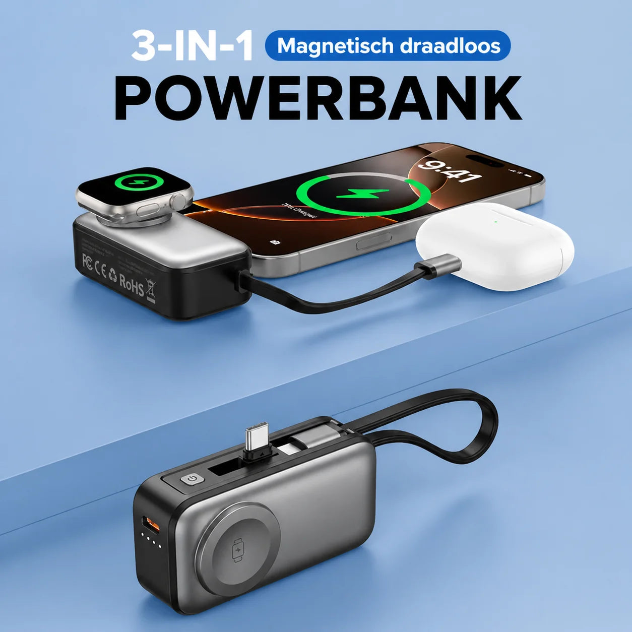 Magnetic 3-in-1 Power Bank with Wireless Charging