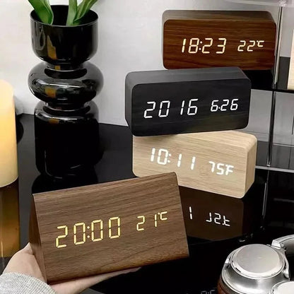 LED Alarm Clock Wood Look with 3 Alarms & Temperature