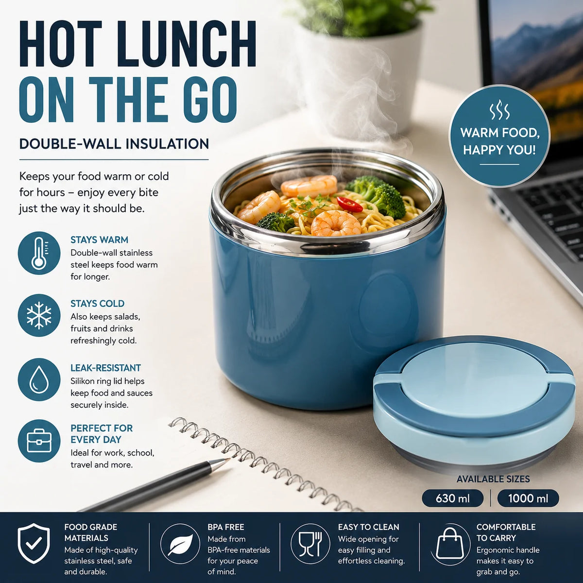 Stainless Steel Thermal Lunchbox with Handle – 630 ml & 1000 ml