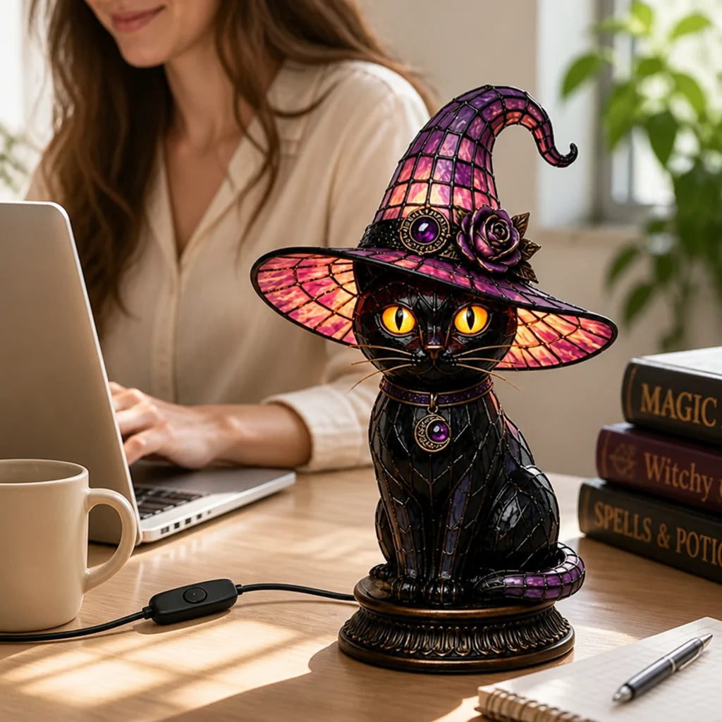 Table lamp with stained glass look, gothic witch cat