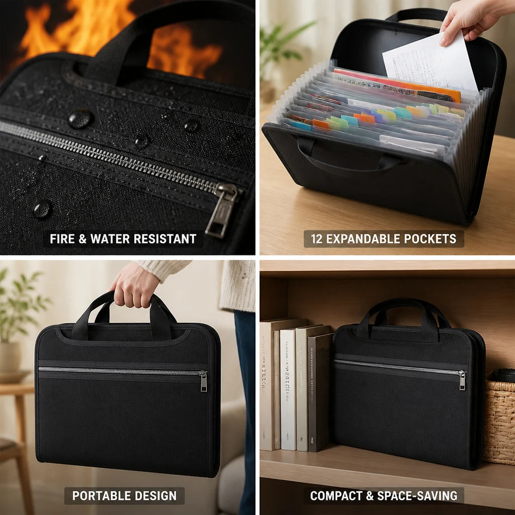 Fire and water-resistant expandable document folder (12 compartments)