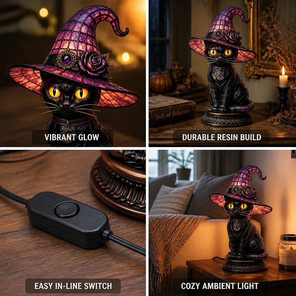 Table lamp with stained glass look, gothic witch cat