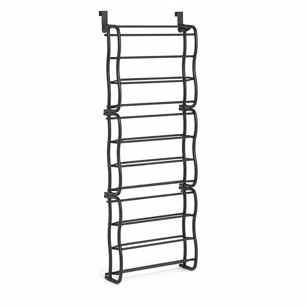 Space-saving, tool-free metal shoe rack for hanging on the door
