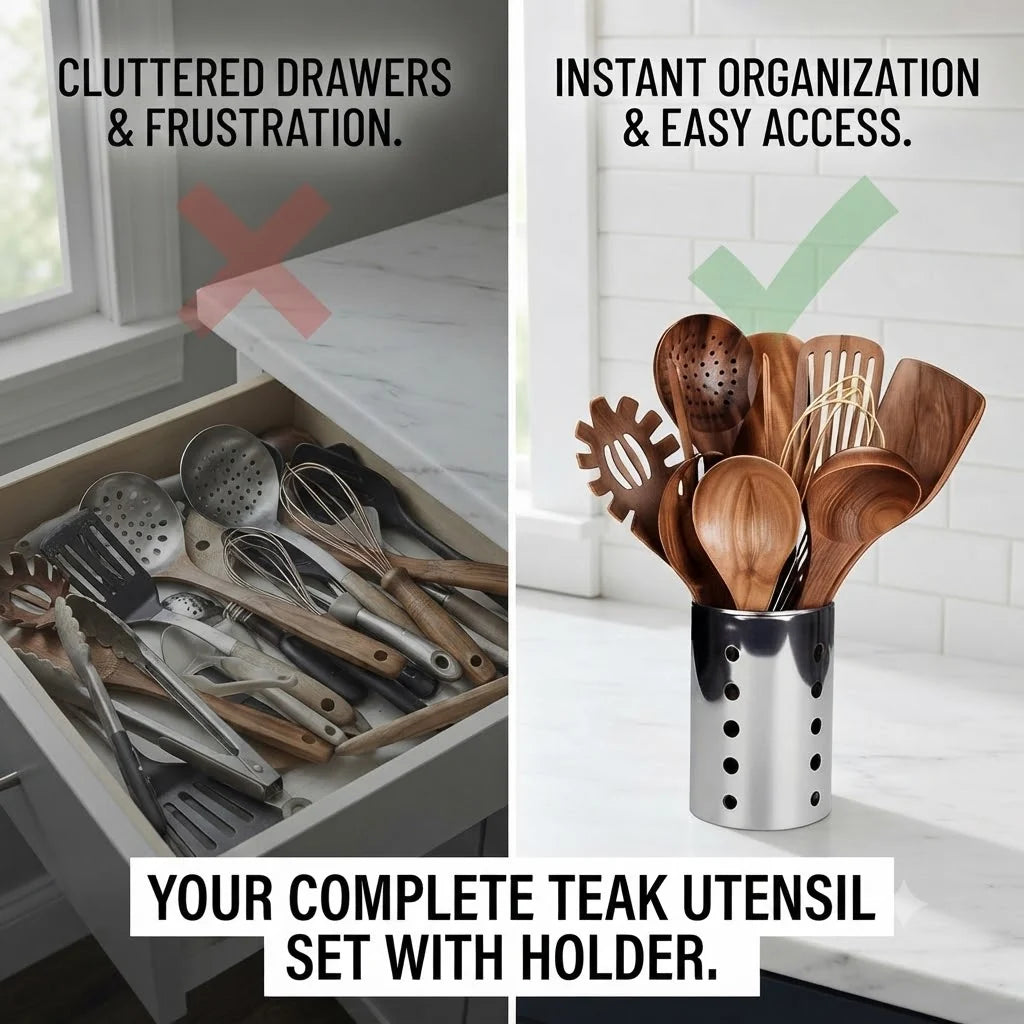 Teak Kitchen Utensil Set 11-Piece with Holder