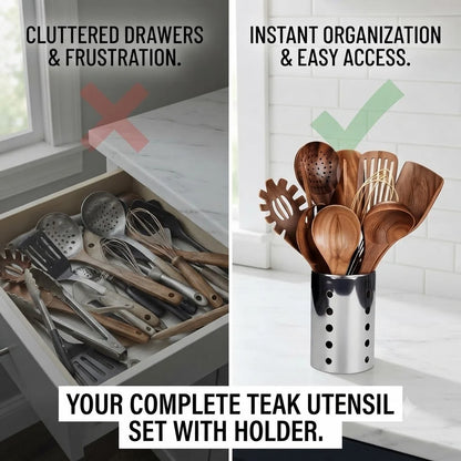 Teak Kitchen Utensil Set 11-Piece with Holder