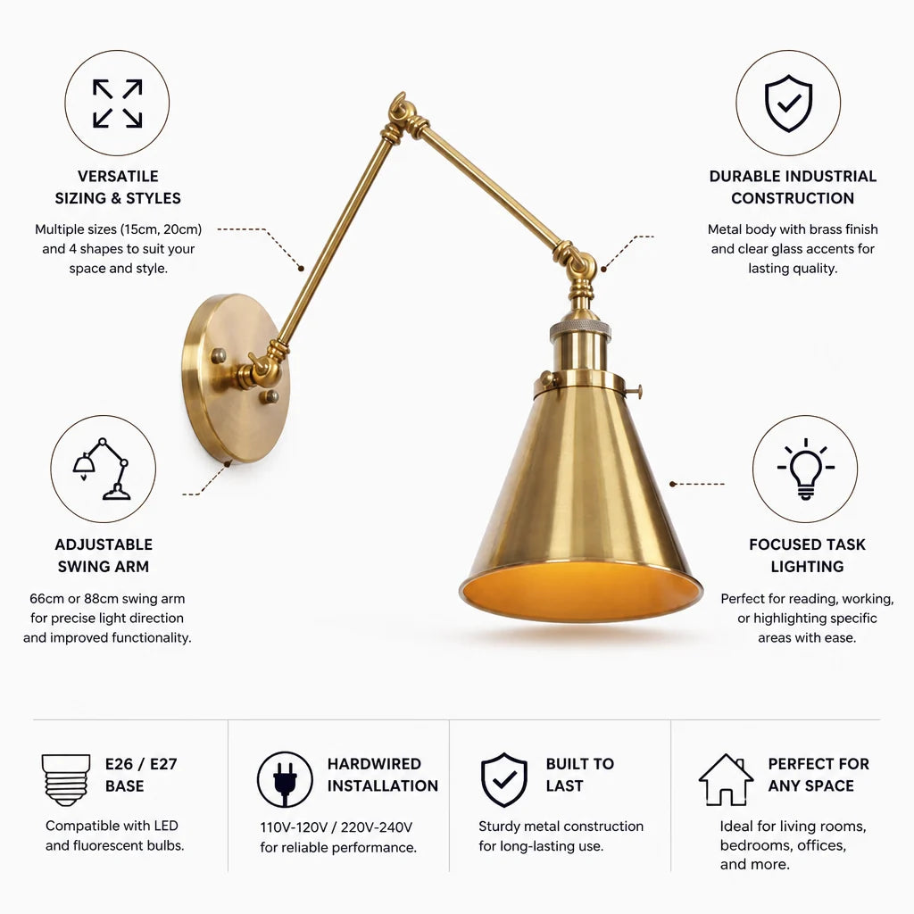 Adjustable Wall Lamp with Swivel Arm in Antique Brass