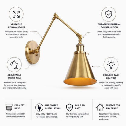 Adjustable Wall Lamp with Swivel Arm in Antique Brass