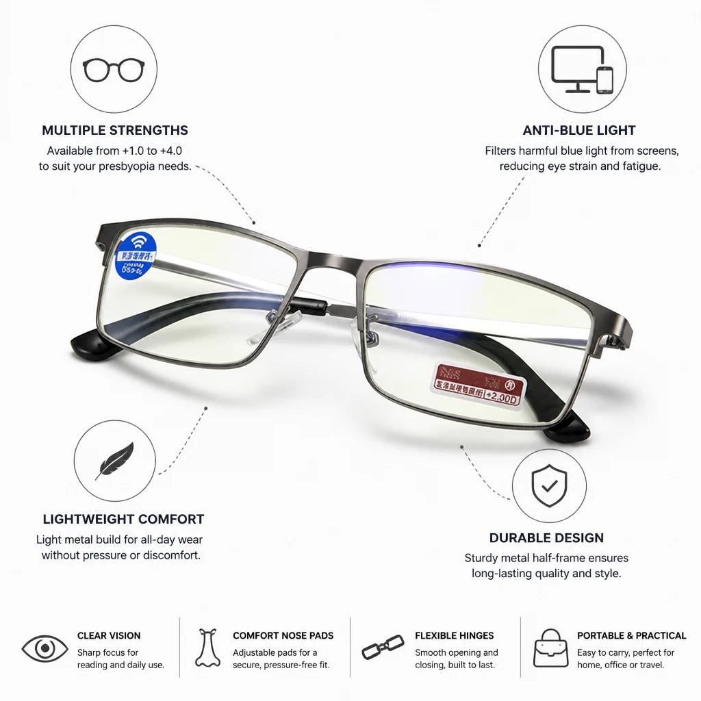 Anti-Blue Light Metal Half-Rim Reading Glasses (Available +1.0–+4.0)