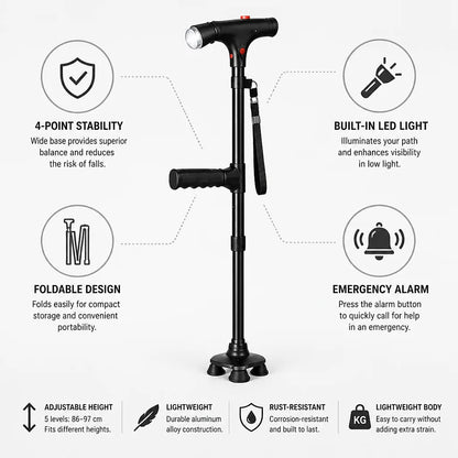 Lightweight Aluminum 4-Point Folding Cane (LED & Alarm)