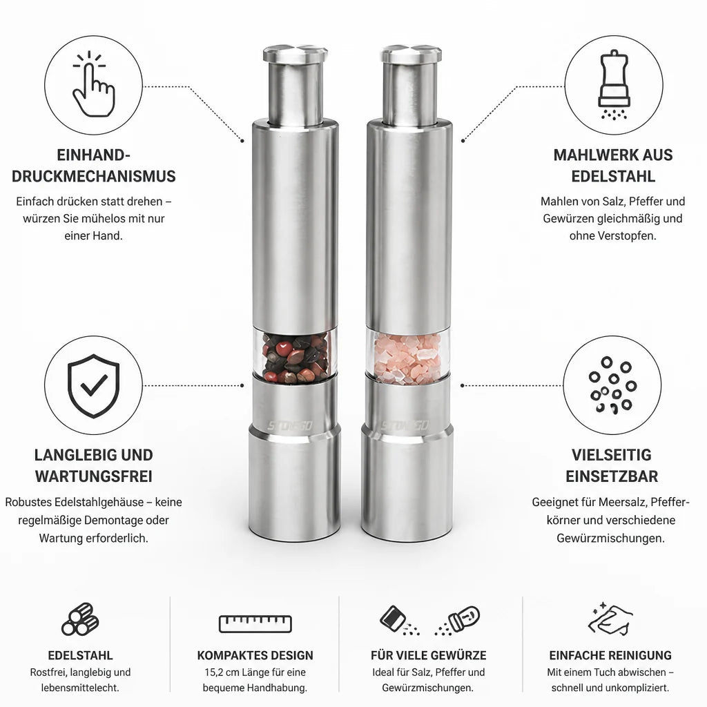 Single-Hand Stainless Steel Salt and Pepper Grinder (Pack of 2)