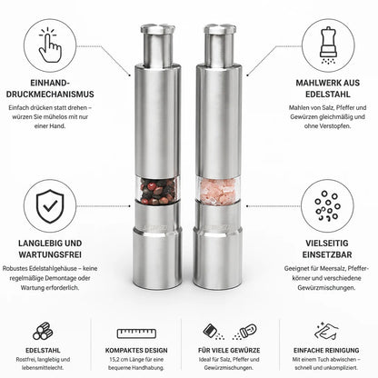 Single-Hand Stainless Steel Salt and Pepper Grinder (Pack of 2)