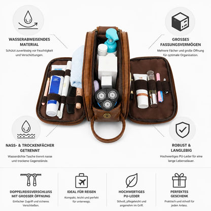 Water-Resistant PU Leather Toiletry Bag with Large Capacity (Wet & Dry Compartments)