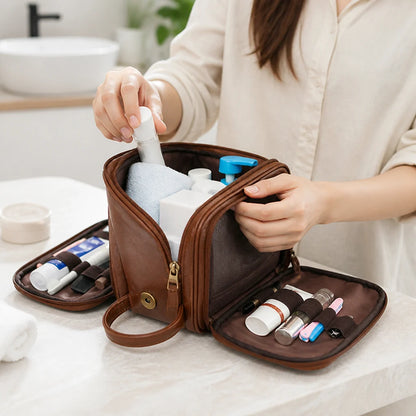 Water-Resistant PU Leather Toiletry Bag with Large Capacity (Wet & Dry Compartments)