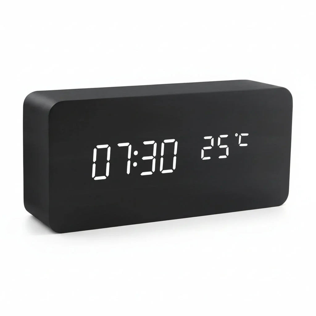 LED Alarm Clock Wood Look with 3 Alarms & Temperature