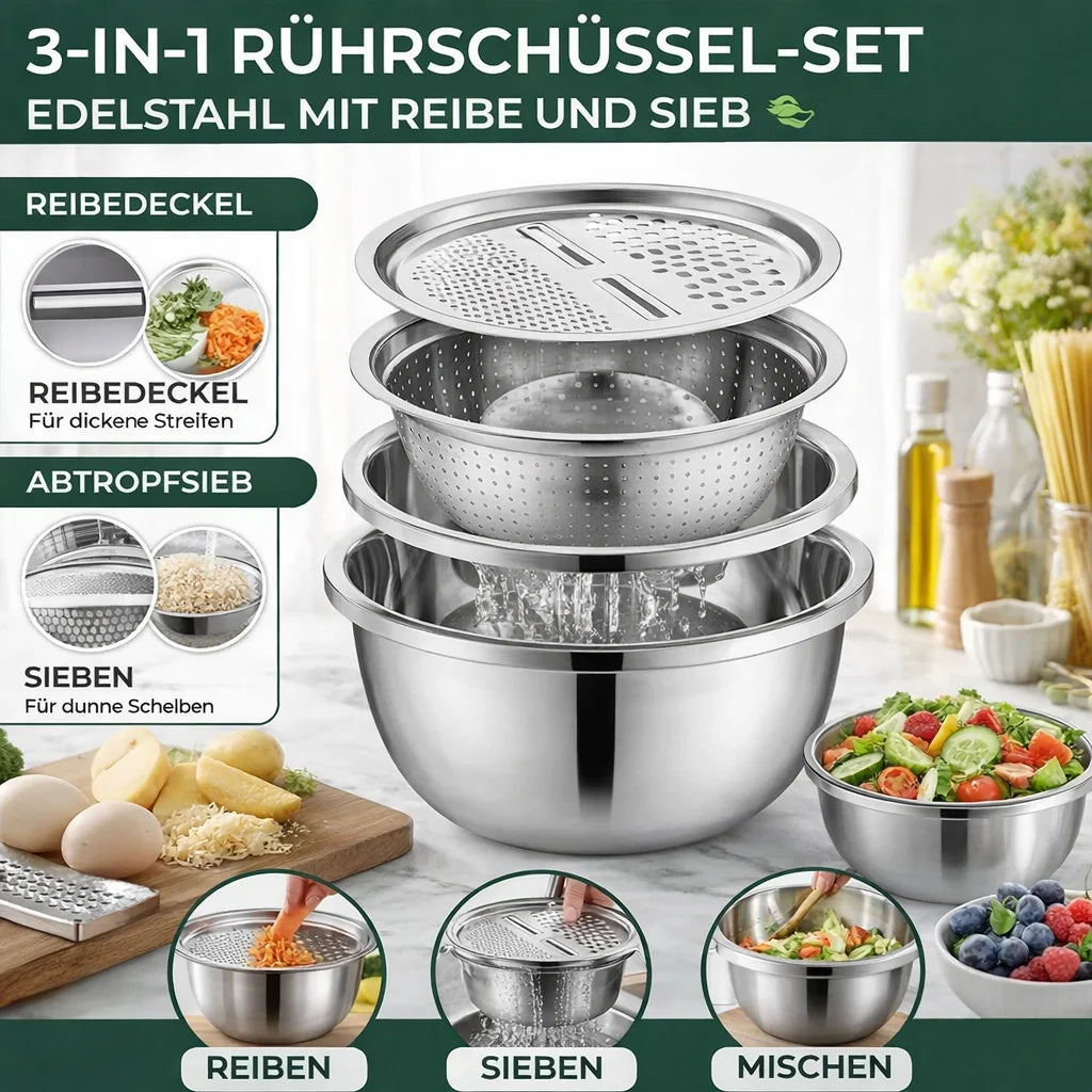 3-in-1 Stainless Steel Mixing Bowl Set with Grater and Sieve