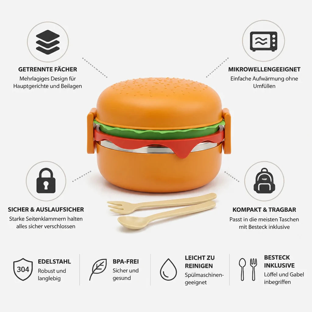 Microwave-safe stacked hamburger lunchbox (with cutlery)